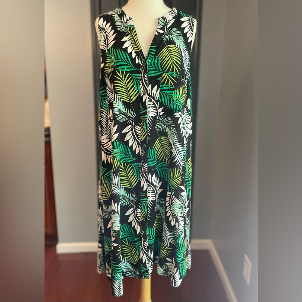 Tropical Leaf Print Sleeveless Button Down Beach Resort Plus Dress Cover Up